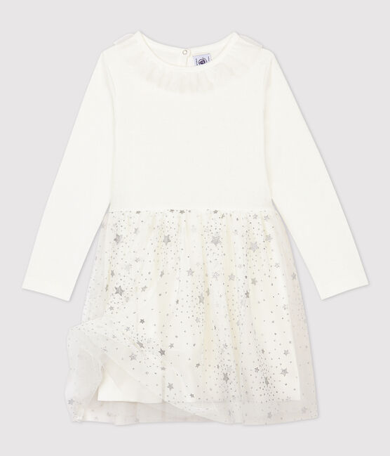 Langärmeliges Kinderkleid aus Baumwolle und Tüll für Mädchen weiss MARSHMALLOW/grau ARGENT